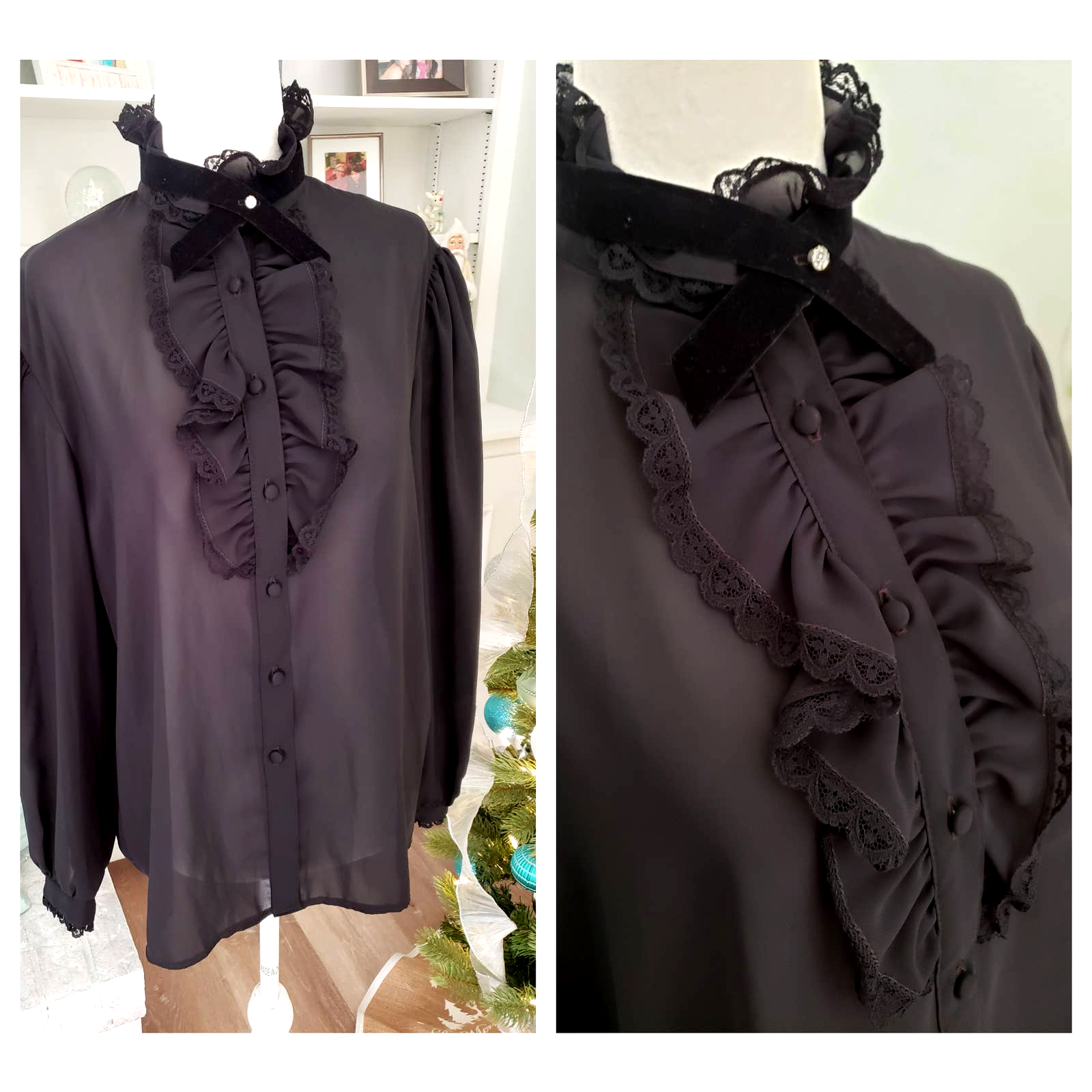 Rare Vintage 1970s Black Lace Detail Ruffle Blouse